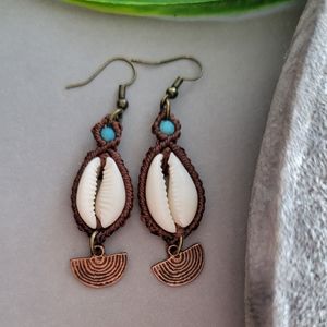 Handmade Boho Macrame With Cowrie Shell Drop Earrings